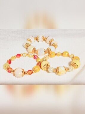 Handmade Bracelet One Of A Kind. Yellow Red Premium Glass/Acrylic Lot Of 3 7''